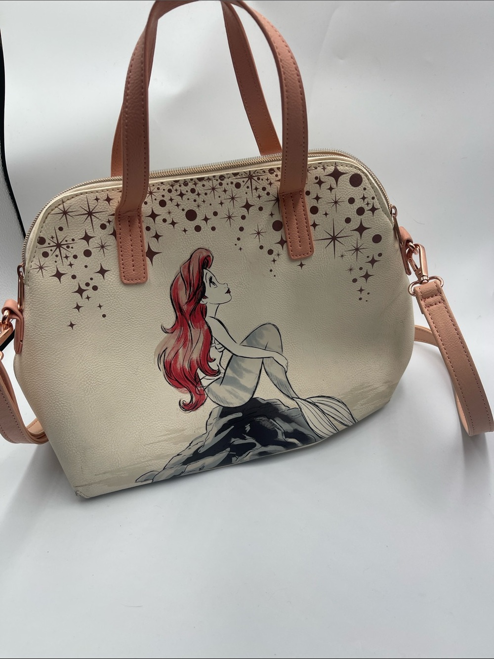 Disney Loungefly Cream Ariel Dome Satchel with Peach Handles and Red Hair Detail